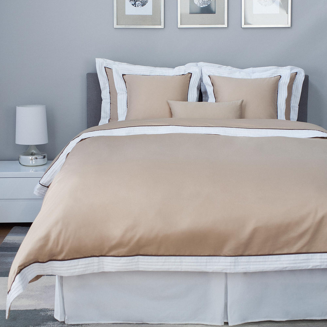 Luxury Beige Pintuck Flange Duvet Cover Set - 600 Thread Count Cotton Sateen with Decorative Trim Bedding