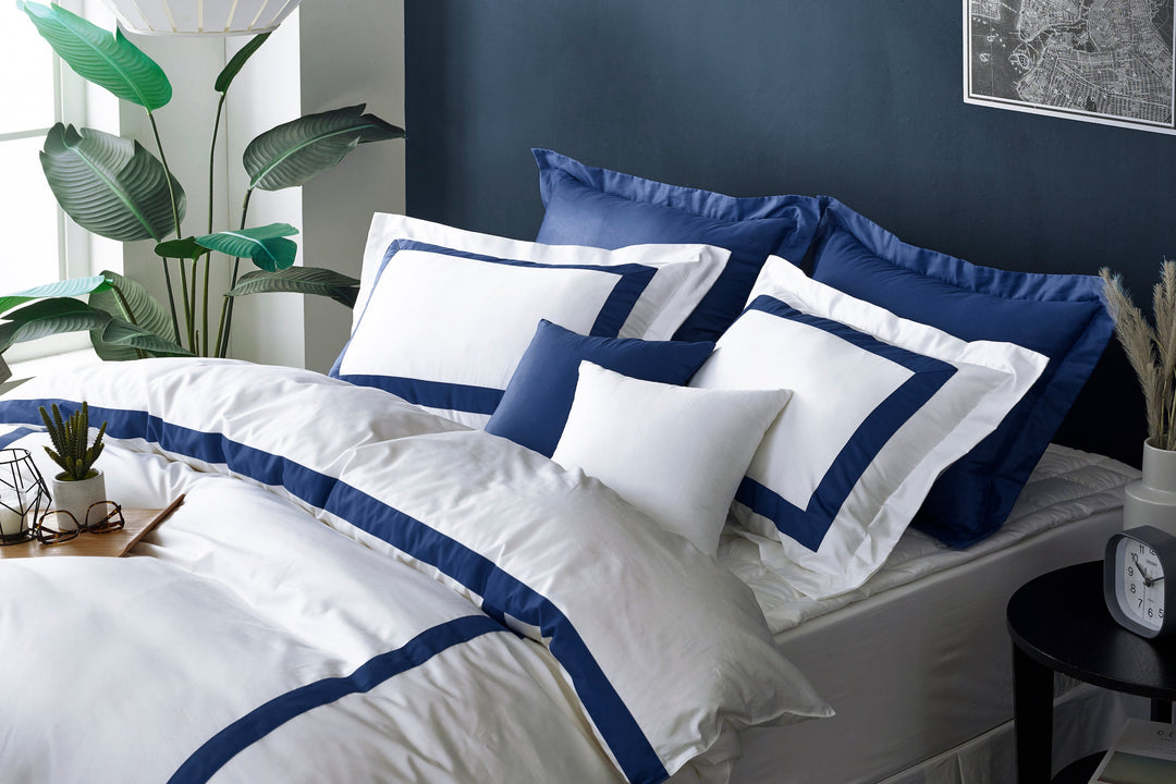 Navy Blue Border Frame Bed Pillowcase - Hotel Collection | Premium Cotton Decorative Flange