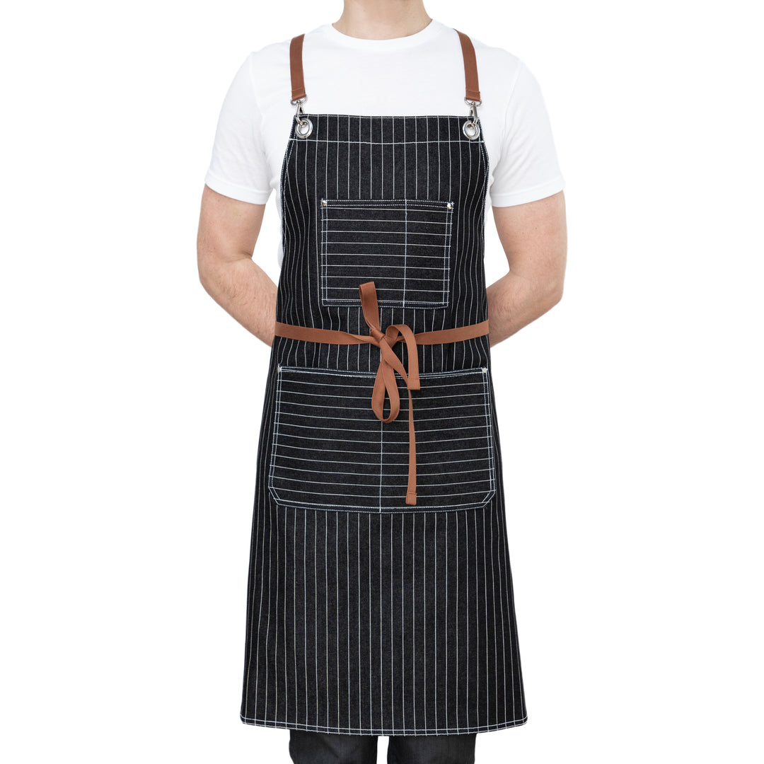 Black with White Stripes Denim Chefs Apron Front
