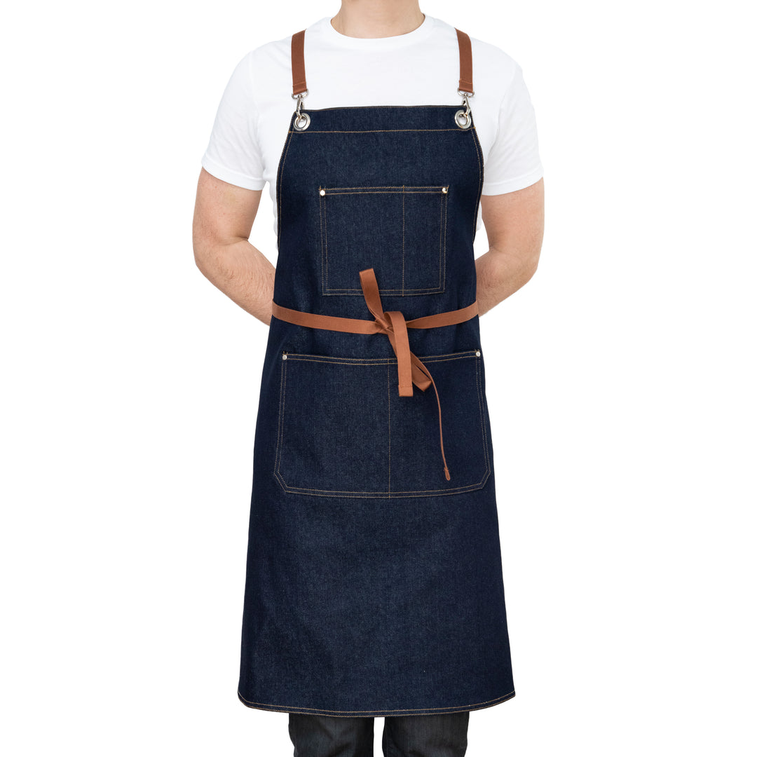 Blue Denim Chefs Apron with Pockets Front