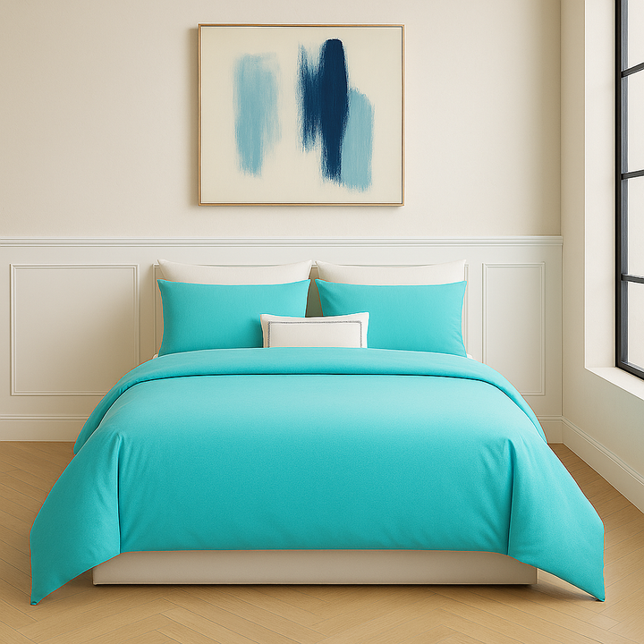 Aqua Blue Cotton Sateen Duvet Cover Set - 400 Thread Count Simple Minimalist Bedding