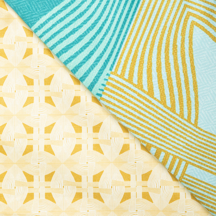 Coastal Geometric Duvet Cover Set - Luxury 480 Thread Count Cotton in Teal Blue & Sand Gold