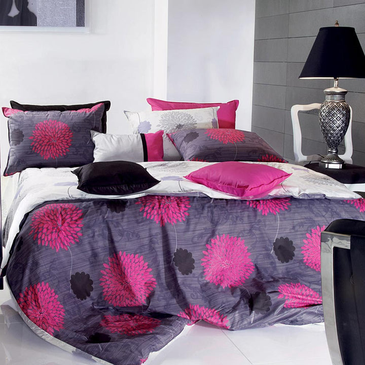 Premium Cotton Sateen Duvet Cover Set - Hot Pink Floral Pattern with Reversible Design