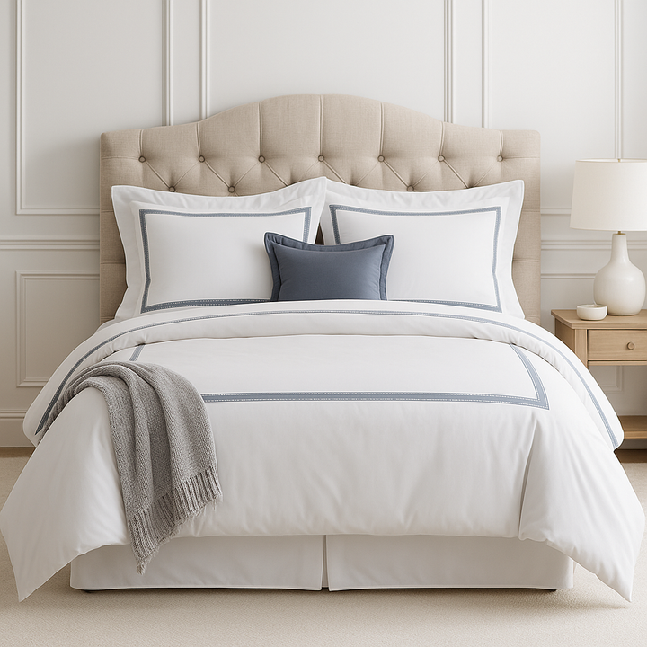 OEKO-TEX Certified Crisp Cotton Sateen Hotel Style White & Dark Gray Trim Border Frame Duvet Cover Set - 480 Thread Count