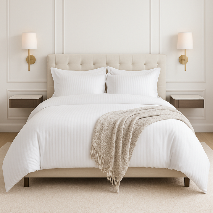Hotel Style Crisp White Sateen Cotton Striped Duvet Cover Set - 600 Thread Count OEKO-TEX Certified Luxury Bedding