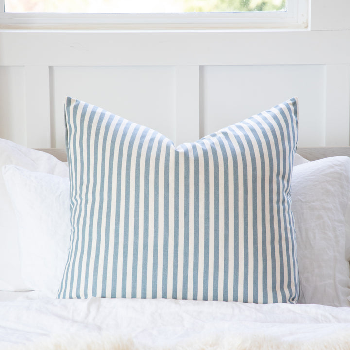 Light Blue White Linen Striped Decorative Pillow Cover