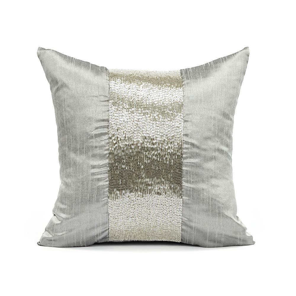 16" X 16" Silk Dupioni Silver Sequins Stripe Throw Pillow Cover