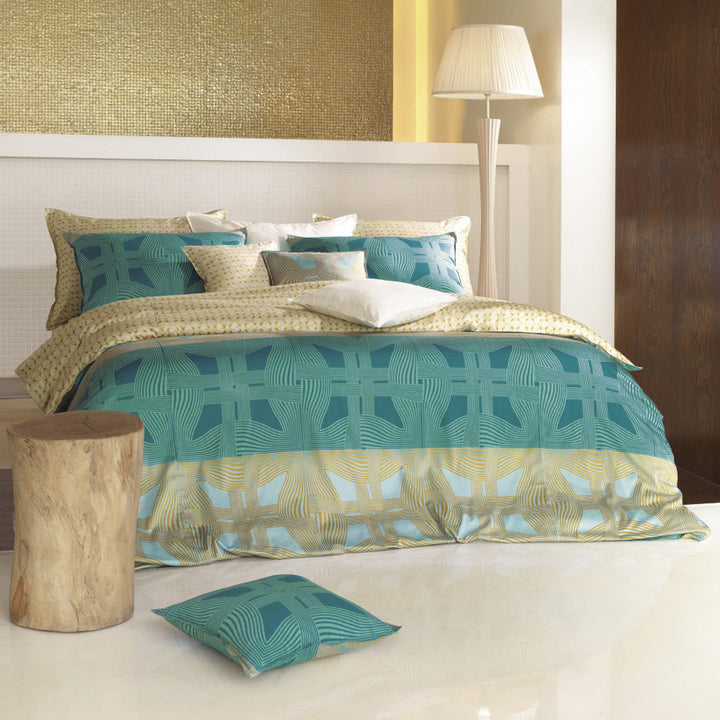 Coastal Geometric Duvet Cover Set - Luxury 480 Thread Count Cotton in Teal Blue & Sand Gold