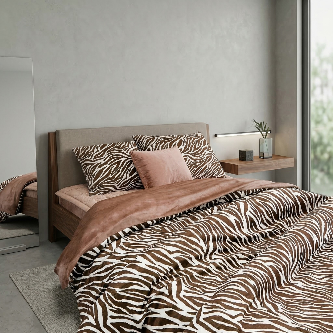 Bed with zebra print bedding and brown pillows in a modern bedroom setting.