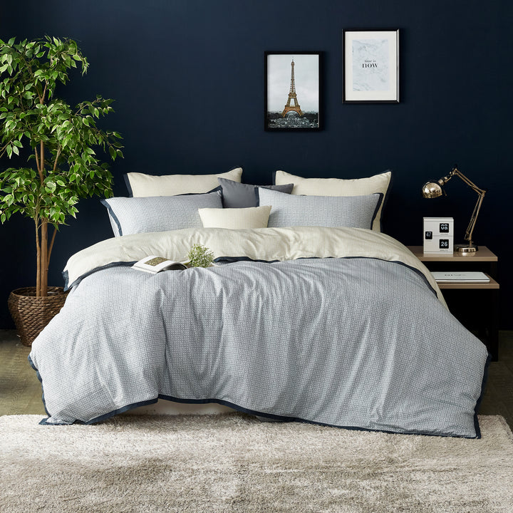 Soft Modal Cotton Blend Yellow Navy Trim Flanged Duvet Set