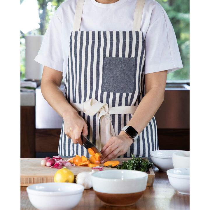 Dark Gray Striped Kitchen Apron Lifestyle