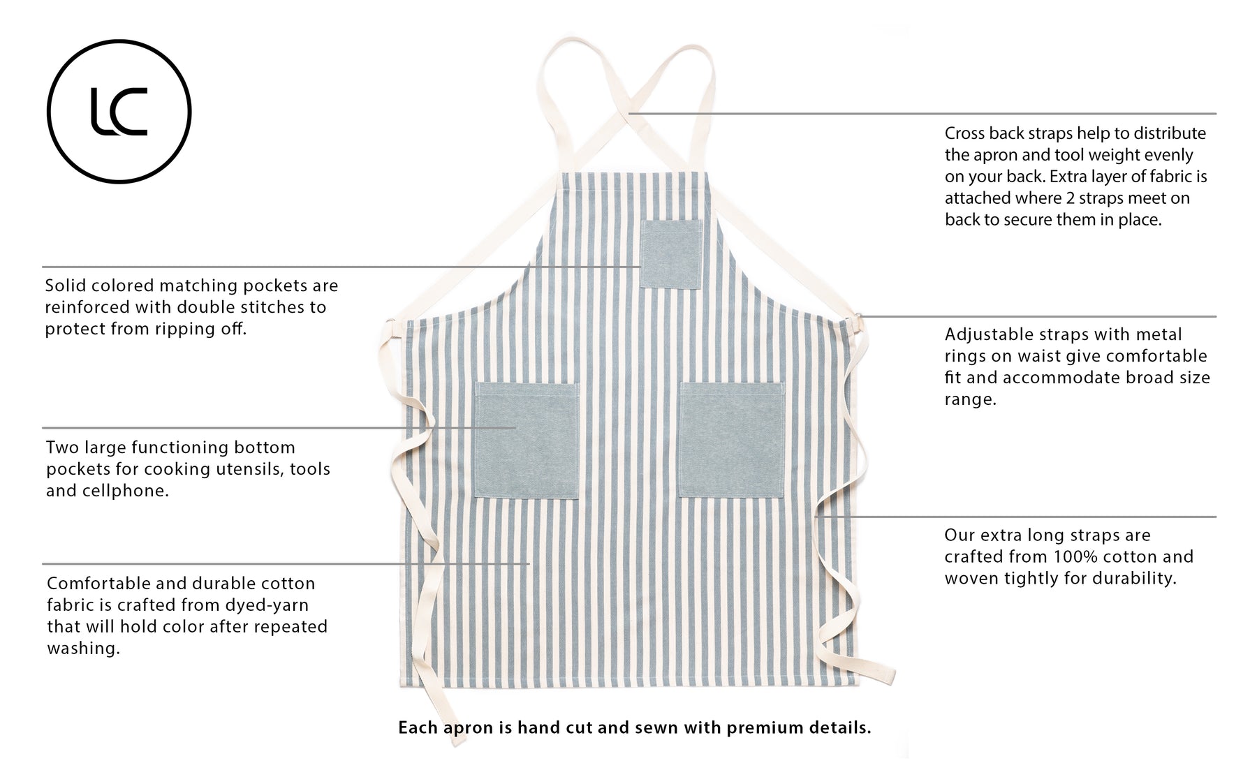 Apron With Lightweight Cotton Striped Chef's Kitchen Apron with Chest Pocket | LaCozi