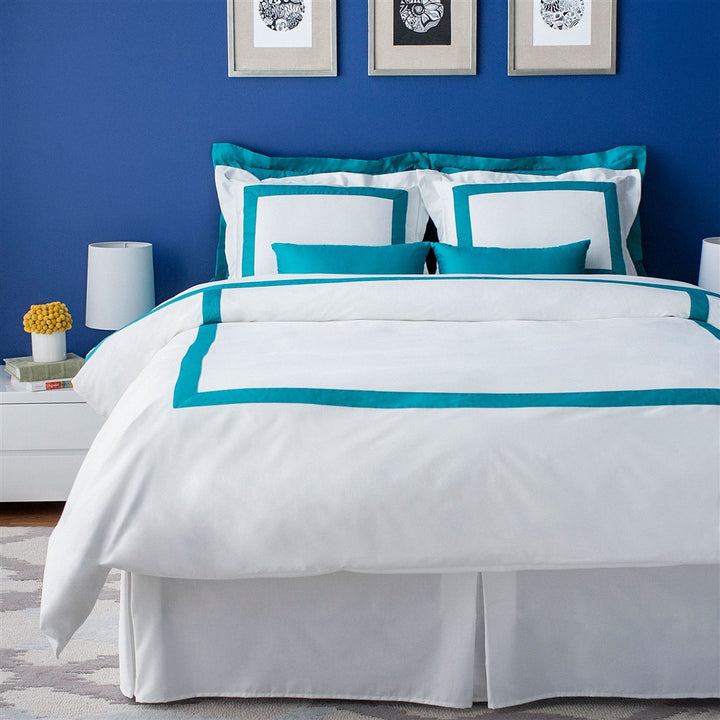 LaCozi Hotel Collection Teal Turquoise Border Trim White Sateen Cotton Duvet Cover Set