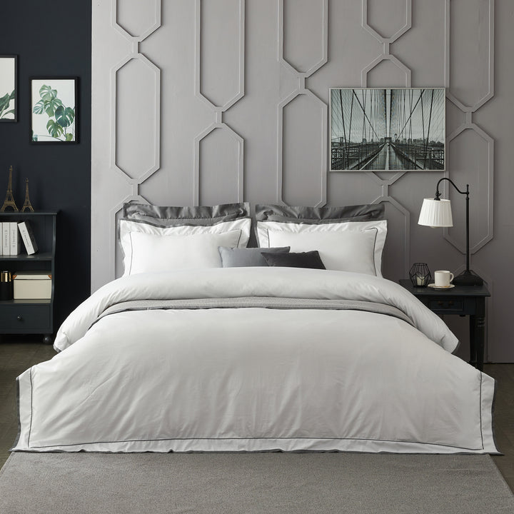 Modern White Gray Trim Flanged Hotel Style Cotton Sateen Duvet Cover Set