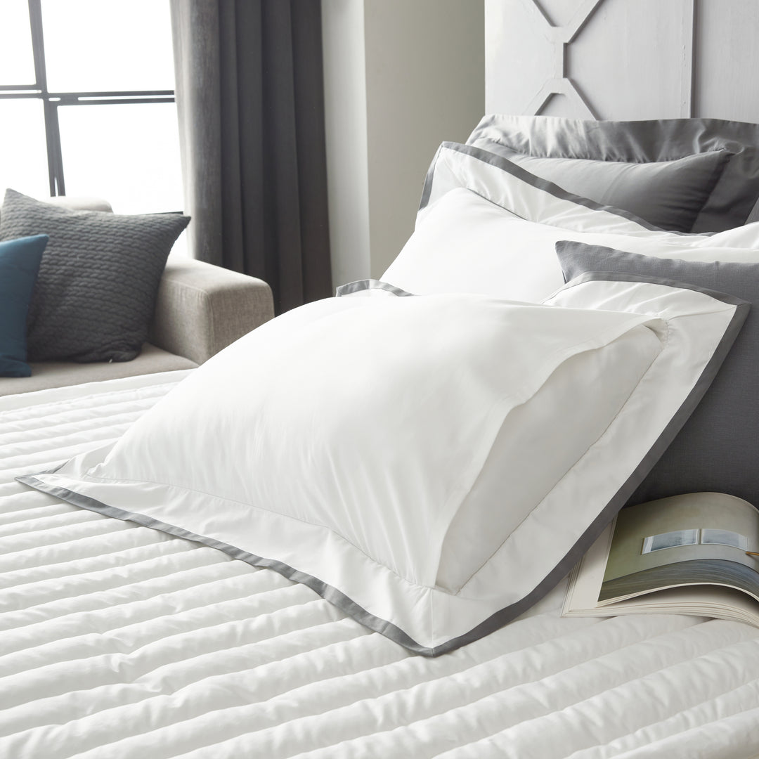 Lucia Cotton Sateen White Flange Gray Trim Design Duvet Cover Set