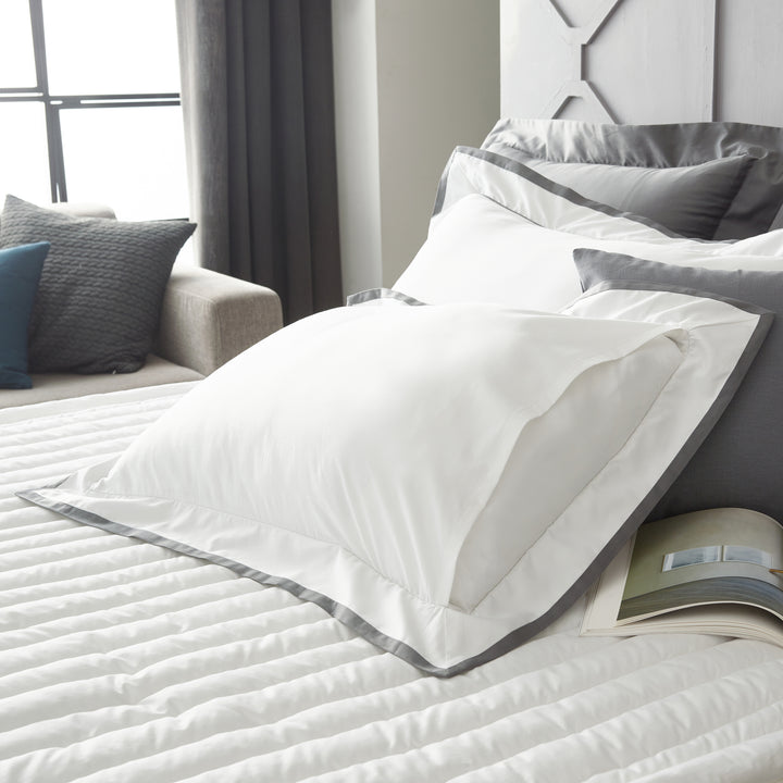 Lucia Cotton Sateen White Flange Gray Trim Design Duvet Cover Set