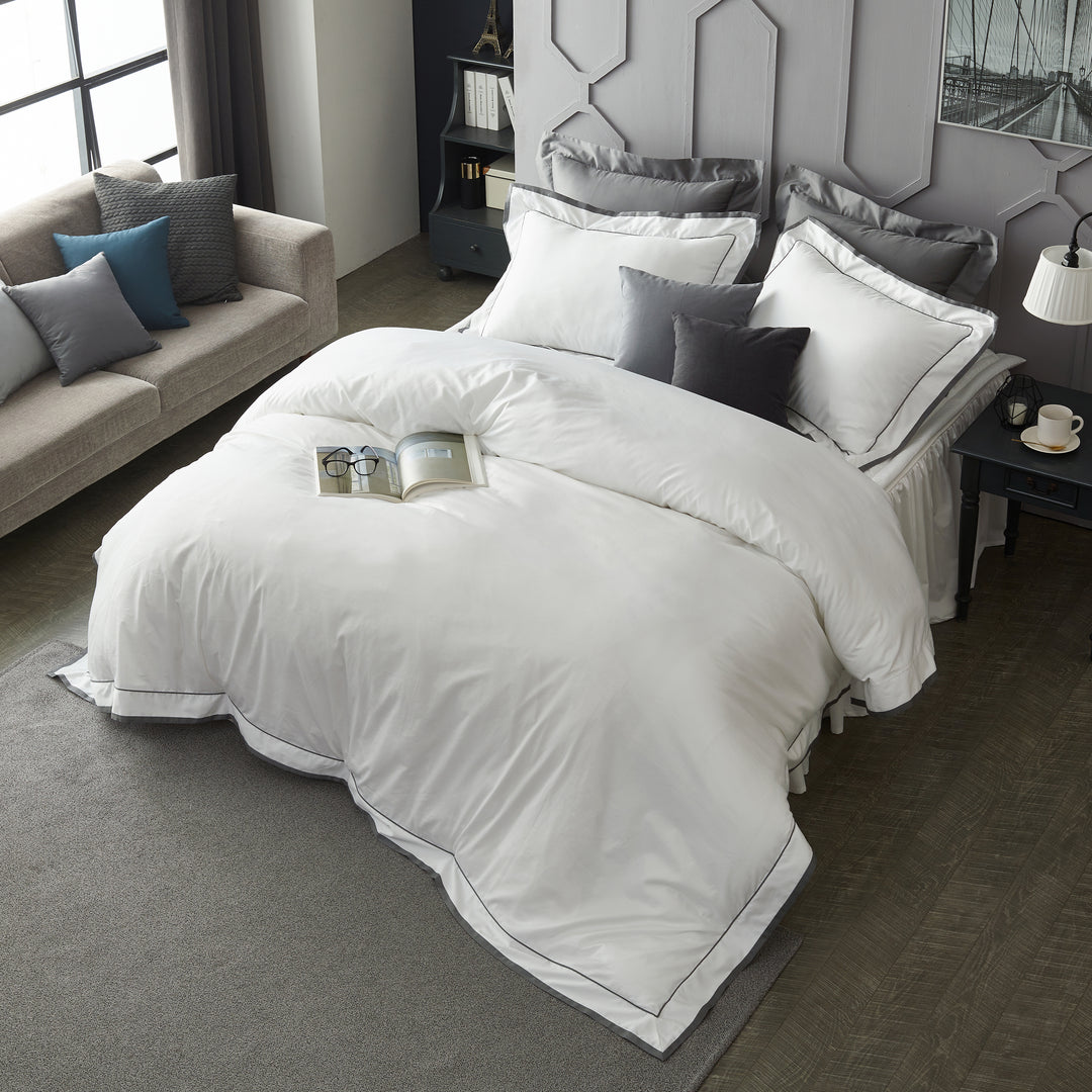 Luxurious White Hotel Style Cotton Sateen Bedding with Gray Trim