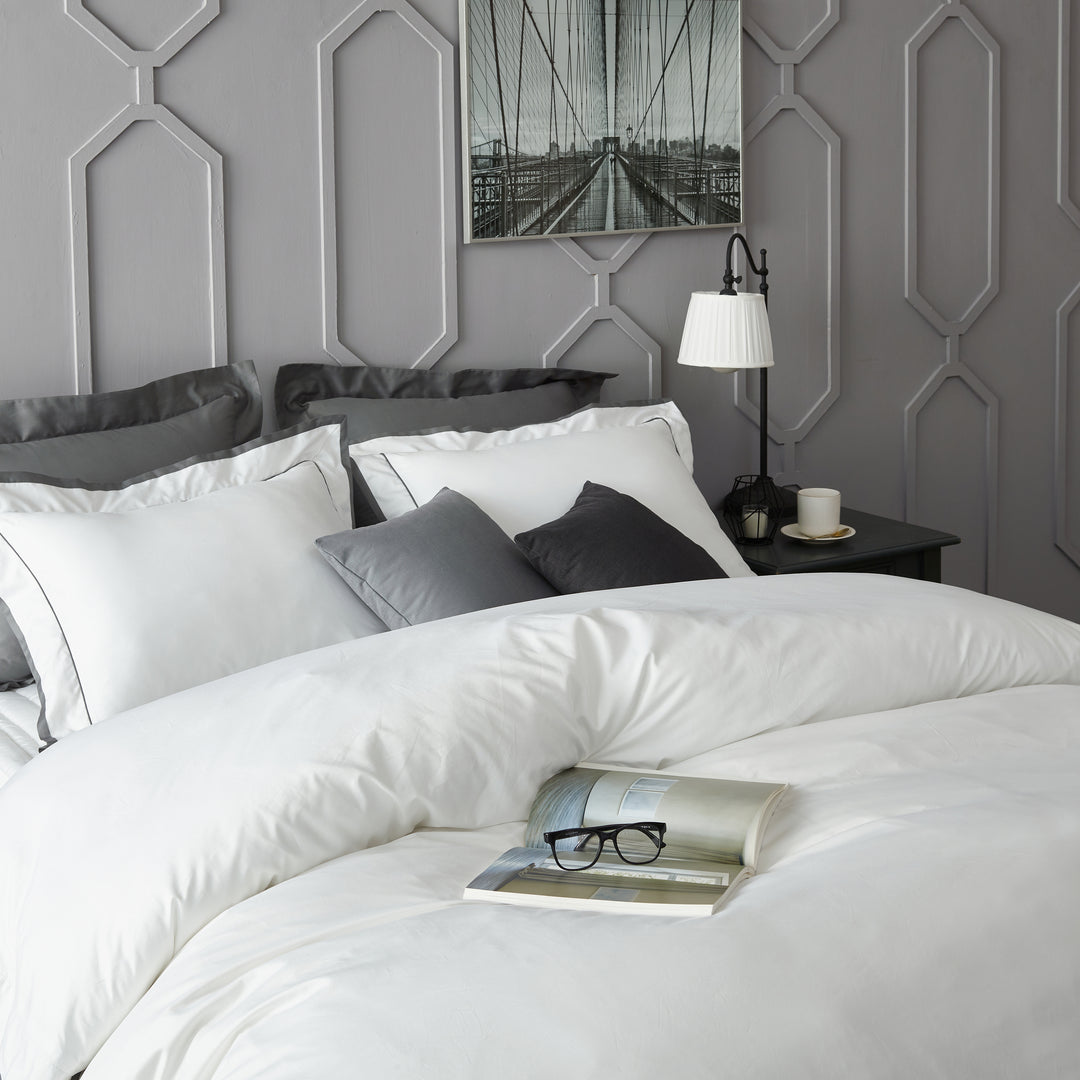 Lucia Soft Cotton Sateen White Gray Hotel Collection Duvet Cover Set