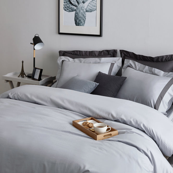 Maison Dove Gray Border Flanged Cotton Duvet Cover Set