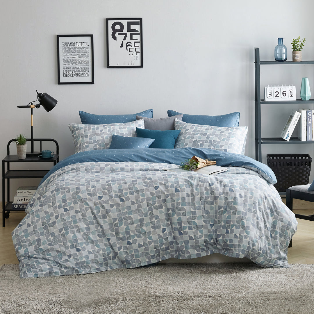 Premium Modal Cotton Geometric Duvet Cover Set - 1100 Thread Count Reversible Olive Yellow & Ocean Blue Luxury Bedding