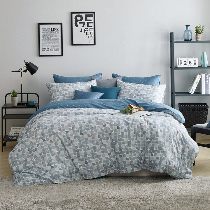 Premium Modal Cotton Geometric Duvet Cover Set - 1100 Thread Count Reversible Olive Yellow & Ocean Blue Luxury Bedding