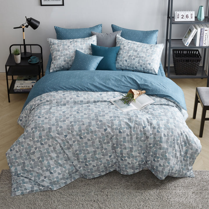 Premium Modal Cotton Geometric Duvet Cover Set - 1100 Thread Count Reversible Olive Yellow & Ocean Blue Luxury Bedding