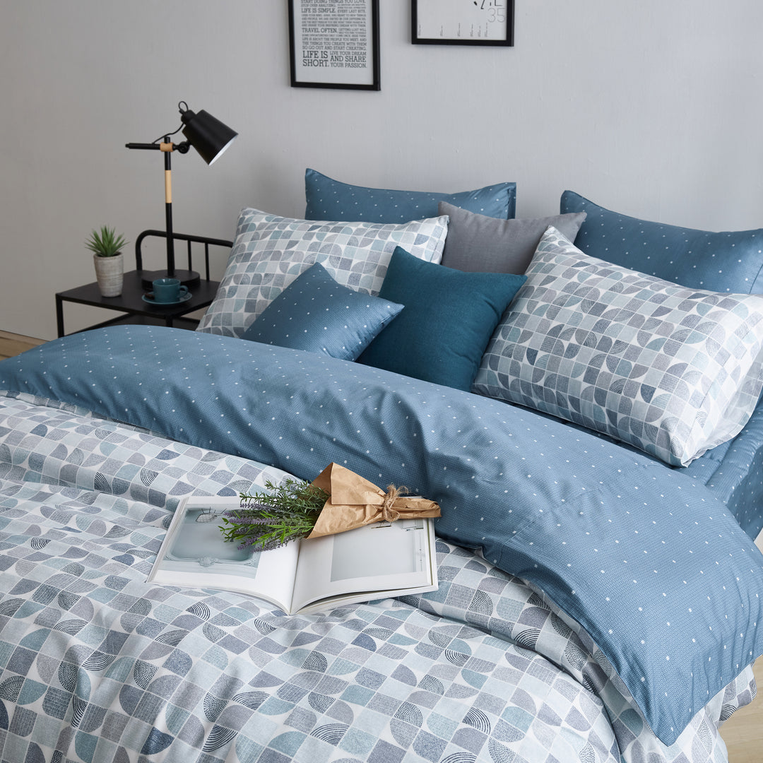 Premium Modal Cotton Geometric Duvet Cover Set - 1100 Thread Count Reversible Olive Yellow & Ocean Blue Luxury Bedding